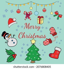 Set of Christmas images, icons in cute doodle style. Christmas tree, gifts, garland, peaches, lollipops, bows, berries, snowballs