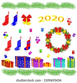 Set of Christmas images isolated vector on white background. Isolated vector image of wreath, garland of fir branches, socks and balls for Christmas and new year design