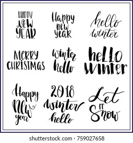 a set of Christmas inscriptions: a happy Christmas, a happy new year, hello winter