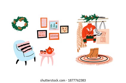 Set of  christmas interior design elements isolated on a white background.
Scandinavian interior with December home decorations.