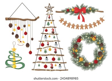 Set of Christmas interior elements in cartoon style. Vector illustration of a Scandinavian-style wall-mounted Christmas tree with toys, pine cones, gingerbread garland isolated on white background.