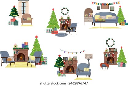 Set of Christmas interior illustrations. Fireplace and Christmas tree, armchairs and sofa, furniture. Holiday decorations and gifts. Christmas and New Year holiday. Vector.