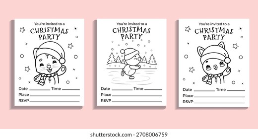 Conjunto de tarjetas de invitación de Navidades con lindos animales kawaii, páginas para colorear de Vector para niños	