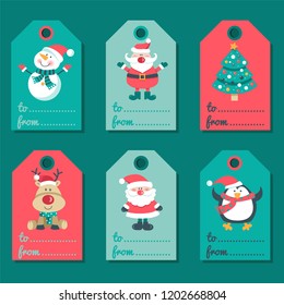 Set of Christmas invitation cards with Santa, tree, deer, penguin and snowman.