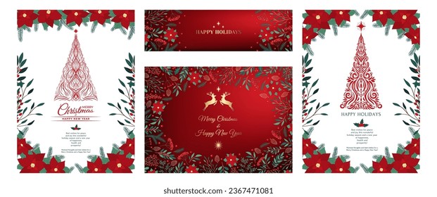 Set of Christmas invitation cards with Christmas tree, poinsettia, leaves, branches, berries, holly, stars, reindeer. Happy New Year symbol, winter floral collection. Hand drawn vector illustration