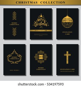 Set of Christmas invitations. Collection of Greeting card. Wishing You A Merry Christmas. Gold ornament decoration. Christmas Tree with snowflakes, ball, religious cross. Vector illustration