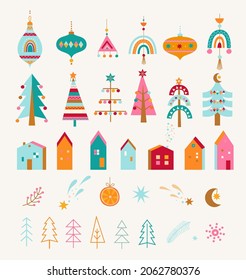 Set Christmas isolated decorative elements.Hand drawn christmas trees, houses, toys and balls and holidays baubles in Scandinavian style. Xmas cozy decor elements. Template for design,print.Vector.