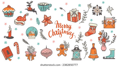 Set of Christmas isolated elements in doodle style present, reindeer, gingerbread, tea, gifts. Vector illustration. Winter background. For greeting cards, print, design, fabric, porcelain and decor