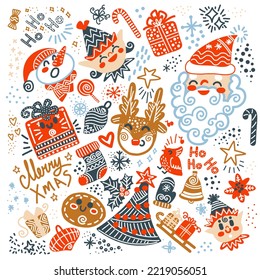 Conjunto de navidades elementos aislados de Santa Claus, ciervos, elfos, muñecos de nieve, regalos. Ilustración vectorial. Fondo de invierno. Para tarjetas de felicitación, impresión, diseño, tela, porcelana y decoración