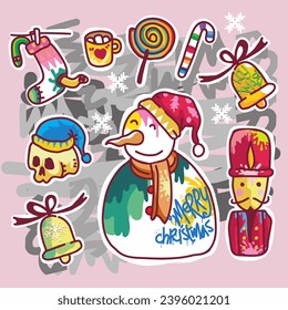 Set of Christmas item and holiday seasons with graffiti style