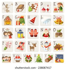 Set of christmas items, characters and situations in alphabet.