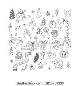 Set of Christmas items and characters. Christmas tree, toys, gifts.Festive winter concept. Doodle style. Vector illustration on isolated background. For printing on fabric, postcards, spider webs.