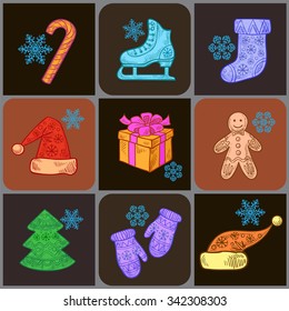 A set of Christmas items and decorations for Christmas design - skates, candy, gift, hats, boots, cookies, mittens