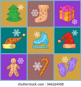 A set of Christmas items and decorations for Christmas design - skates, candy, gift, hats, boots, cookies, mittens