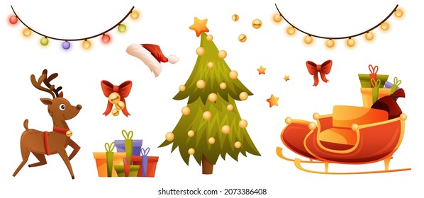 Conjunto de artículos y decoraciones navideños. Tierras, luces, árbol de Navidad, regalos, trineo, ciervo, arco, campanas, sombrero santa, estrella. Fiel a la navidad y al año nuevo al estilo de las caricaturas aisladas en blanco.