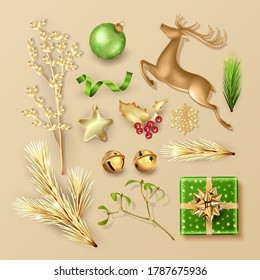 Set of Christmas items and decorations in gold and green colors
