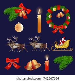 Set of christmas items, elements and decorations. Vector illustration isolated on dark background