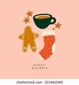 Set of Christmas items : ginger man, sock and cocoa mug