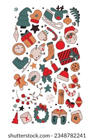 Set of christmas items. Happy new year. Vector illustration. Hand-Drawn. Flat design.