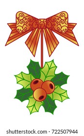 Set of Christmas items for home decoration: bow knot, candle, socks, bell, decoration on the door of Holly. Vector
