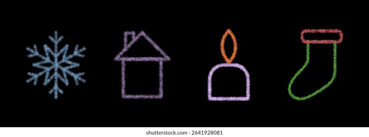 A set of Christmas items made of tinsel. Snowflake, house, candle, New Year's song for design projects