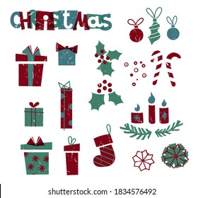 Set of Christmas items on a white background with a grunge texture. Playful font in red and green. Gift boxes, Christmas balls, lollipops and fir branches