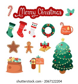 A set of Christmas items on a white background. Socks, wreath, gingerbread man, gifts, Christmas tree, lettering.
