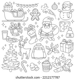 Set of Christmas items. Santa, deer, tree, gifts, bell, candy, santi, etc. Coloring book. Christmas. New Year. Black and white vector image.