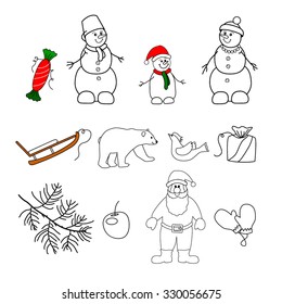 A set of Christmas items. Snowman, Santa, Christmas tree, a polar bear, a gift, sledge. Vector illustration