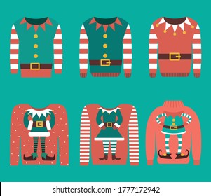 Set of Christmas jumpers with elves. Vector illustration. 