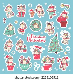 Set of Christmas kawaii character unicorns isolated on white background.