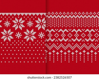 Set of Christmas knit patterns. Festive winter red print. Knitted Xmas seamless background. Sweater texture with snowflakes. Holiday fair traditional ornaments. Vector illustration.