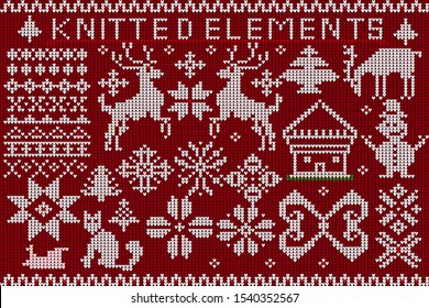 Conjunto de elementos y decoraciones de punto de Navidad. Cerveza de punto, copos de nieve, adorno, árbol de Navidad sobre un fondo rojo.