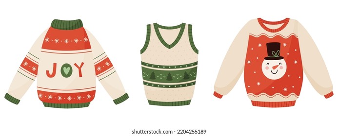 Set of Christmas knitted sweaters with cute ornaments.