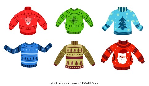 Set of Christmas, knitted sweaters in different colors, red, blue, green, with Santa and reindeer, snowflakes. Vector collection of holiday sweaters for new year and party. Flat vector illustration.