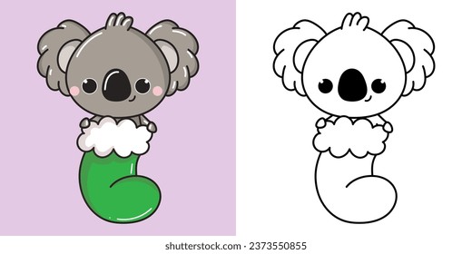 Set Christmas Koala Bear Multicolored and Black and White. Kawaii Clip Art Christmas Animal. Cute Vector Illustration of a Kawaii Koala for Christmas Stickers. 