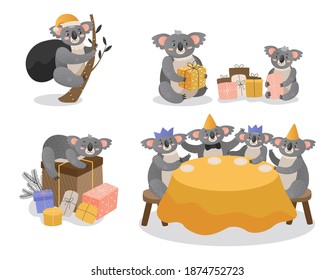 Set of Christmas koalas isolated on white background. Little cartoon Australian bears with gifts at the festive table greet the New Year. Vector illustration