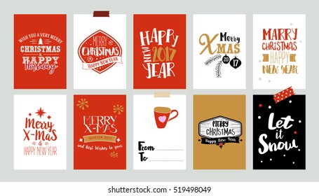 Set of Christmas label designs. Vector collection with doodle illustrations and typography. Sketch illustration of holidays symbols.