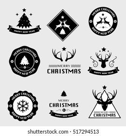 Set of Christmas Labels and Badges Vector Design Elements Set. Merry Christmas and Holidays Wishes Retro Typography Greeting Cards, Posters and Flyers, Vector Illustration