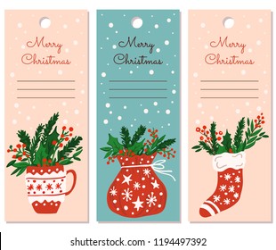 Set of christmas labels with cup with a winter bouquet, Christmas sock with a winter bouquet, Santa Claus bag. Hand drawn style. Vector illustration. Merry Christmas. New Year.