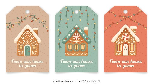 Set of Christmas labels with cute hand drawn gingerbread houses and garlands. Biscuits decorated with icing. New year different colors gift tags collection. Winter holiday cards. Vector illustration.