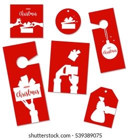 Set christmas labels, flyers and posters with silhouette white icon hand Santa Claus give gift box or different gestures emotions on red background. Vector flat illustration isolated