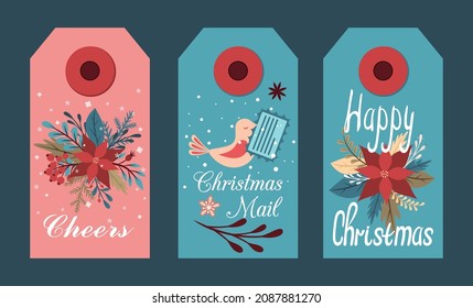 Set of Christmas Labels. Illustration Decorated with fir branches and flowers, pamela, a bird with a letter in its beak. For vector editing