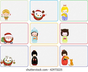 Set of Christmas labels with Santa, Snowman, little girl and Kokeshi dolls, vector illustration
