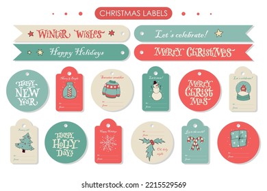 Juego de etiquetas navideñas, pegatinas, decoración de software decorada con doodles, citas con letras y espacio para notas. EPS 10