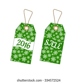 Set of Christmas labels tags with green background from snowflakes. Element for your Christmas designs, projects, promotional sales and other your projects