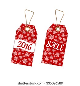 Set of Christmas labels tags with red background from snowflakes. Element for your Christmas designs, projects, promotional sales and other your projects
