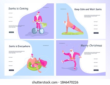 Set of Christmas Landing web page template. Cute Santa Claus in different scenes brings gifts. Social media banner for sale, offer, discount. Flat Art Vector Illustration