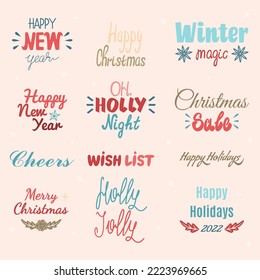 Set of Christmas lettering in color, to create a unique design of your holiday card. Lettering for vector illustrations.