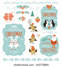 Set of Christmas lettering and graphic elements, cute cartoon animals, vector illustrations for greeting cards